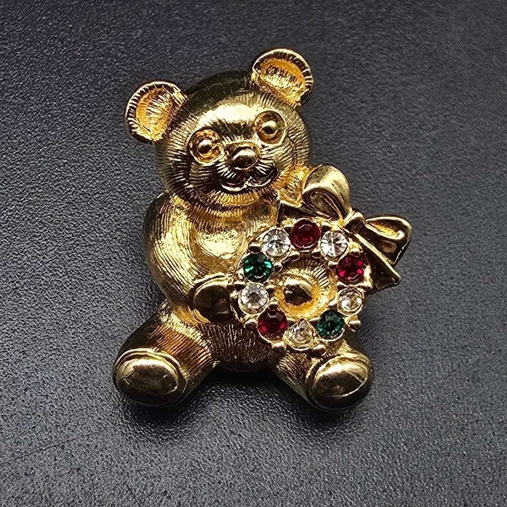 Avon Rhinestone Christmas Bear Pin Gold Tone Red Green Vintage Jewelry
